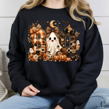 Halloween Boo Ghost T-Shirt, Cute Bows Orange Plaid Leopard Spooky Season Comfort Color Tee