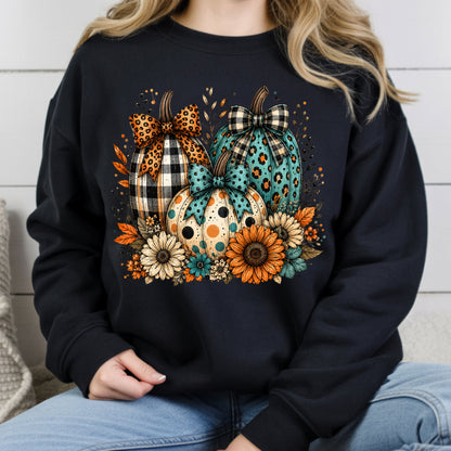 Fall Leopard Plaid Pumpkins T-Shirt, Teal Orange Floral Thanksgiving Tee