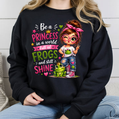 Be a Princess Frog Girl T-Shirt, Cute Messy Bun Pink Green Quote Tee