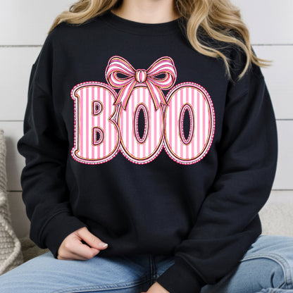 Boo Coquette Pink Bow Halloween T-Shirt, Striped Ribbon Cute Spooky Season Tee
