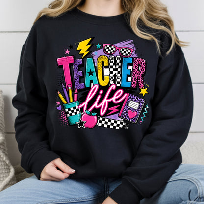Retro Neon Teacher Life T-Shirt, Colorful Doodle Graffiti Checkerboard Sunglasses Back to School Tee