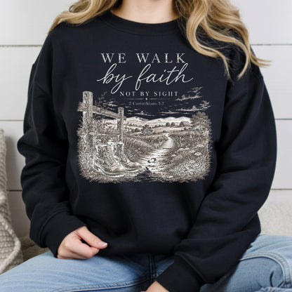 We Walk by Faith Not by Sight Christian T-Shirt, 2 Corinthians 5:7 Boots Country Road Tee