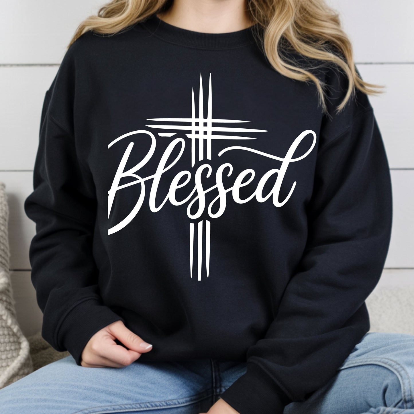 Blessed Cross Christian T-Shirt, Script Cursive Faith Minimalist Religious Tee Sweatshirt