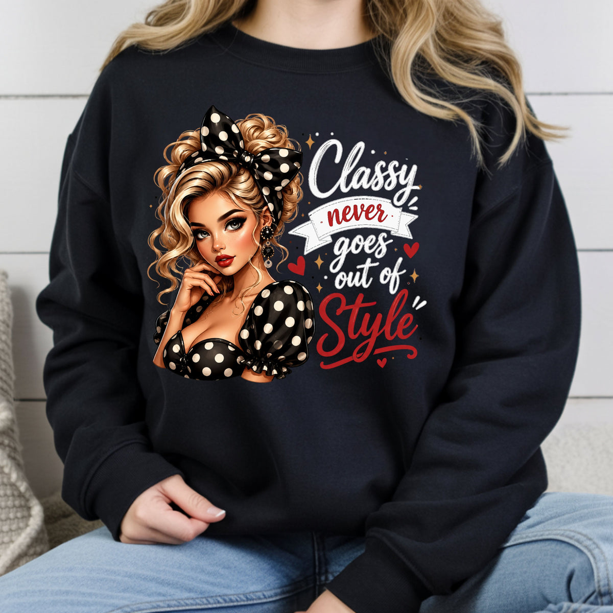 Classy Never Goes Out of Style Pinup Girl T-Shirt, Vintage Polka Dot Bow Tee Sweatshirt