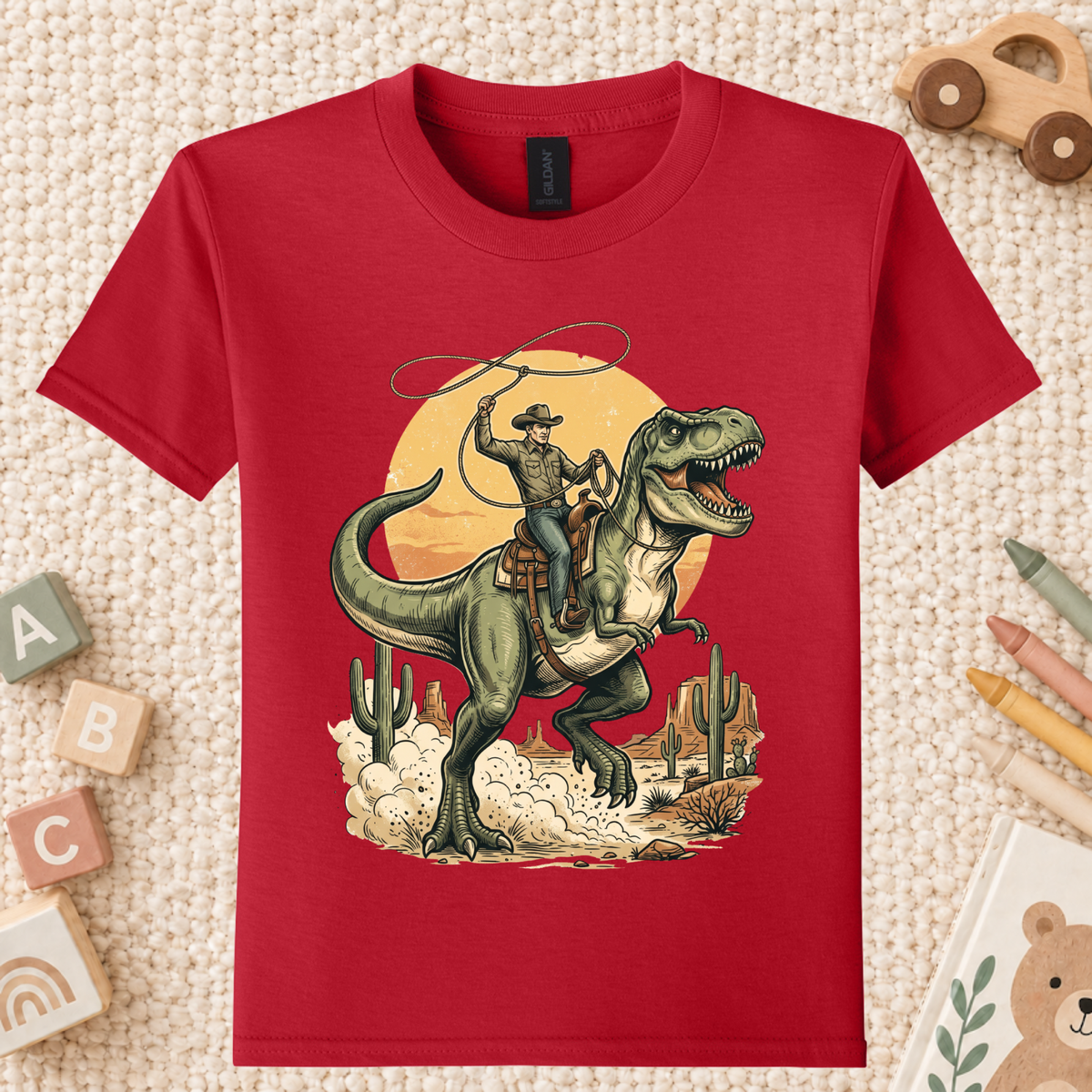 Cowboy Riding T-Rex Western T-Shirt, Rodeo Dinosaur Desert Cactus Tee for Toddler and Kids