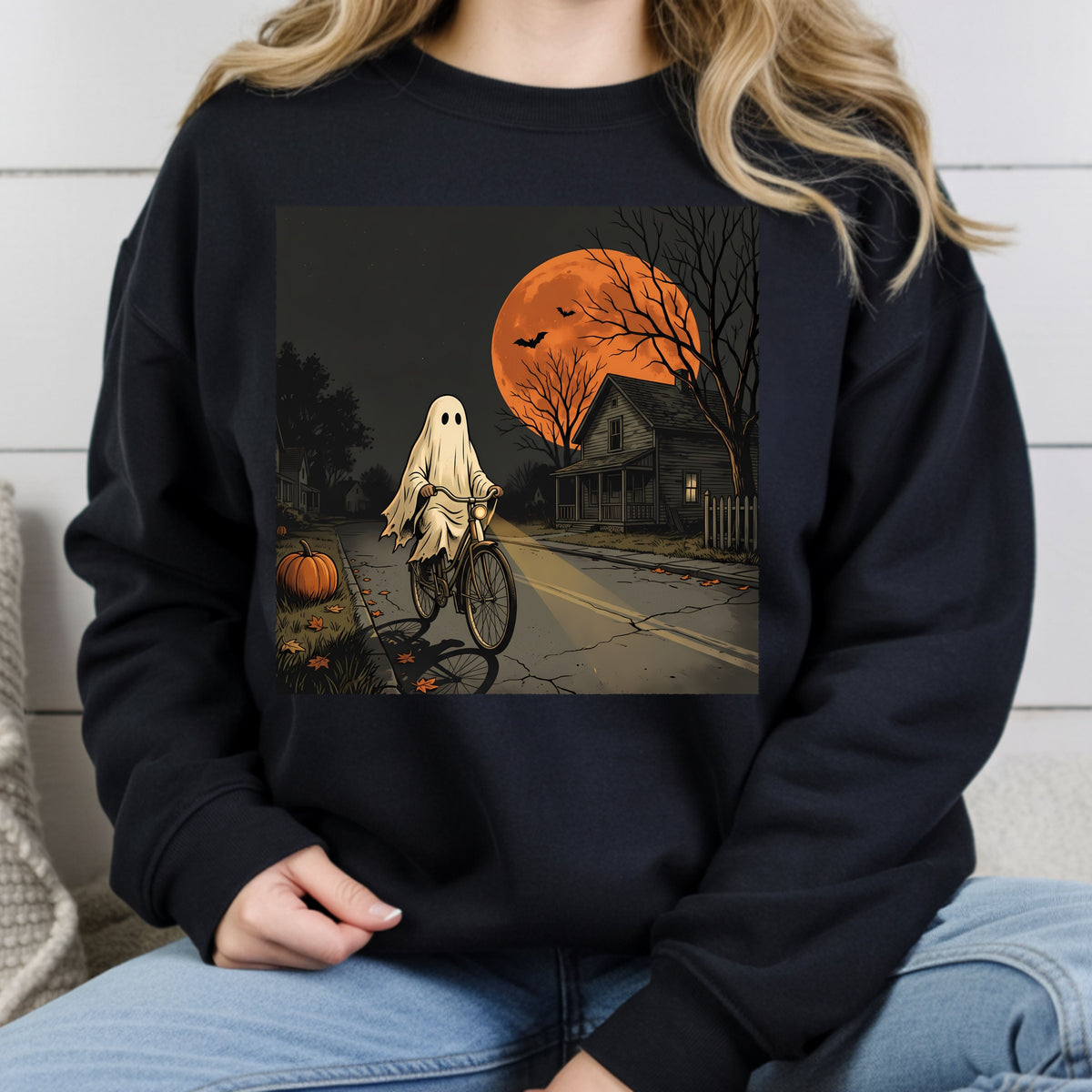 Ghost Riding Bike Halloween T-Shirt, Haunted House Orange Harvest Moon Tee Sweatshirt