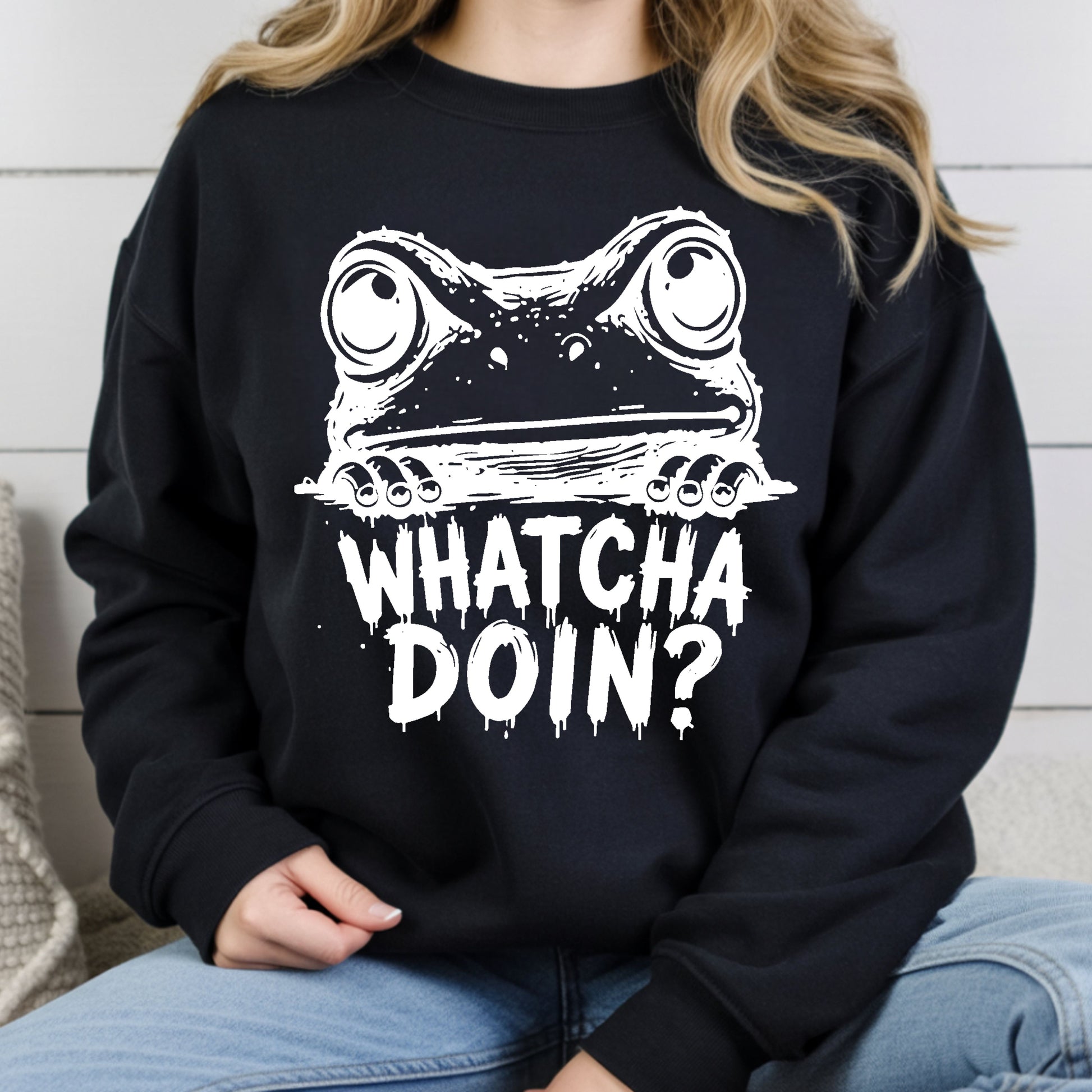 Whatcha Doin Frog Funny Peeking T-Shirt, Black White Cute Frog Tee