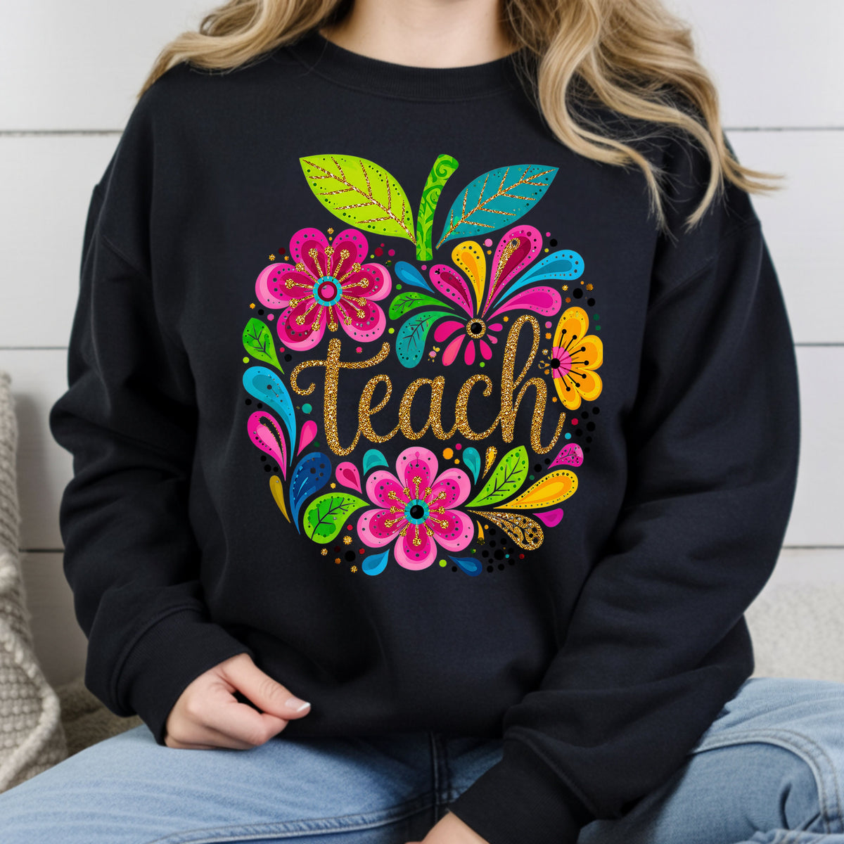 Teacher Teach Floral Apple T-Shirt, Colorful Back to School Teacher Life Tee