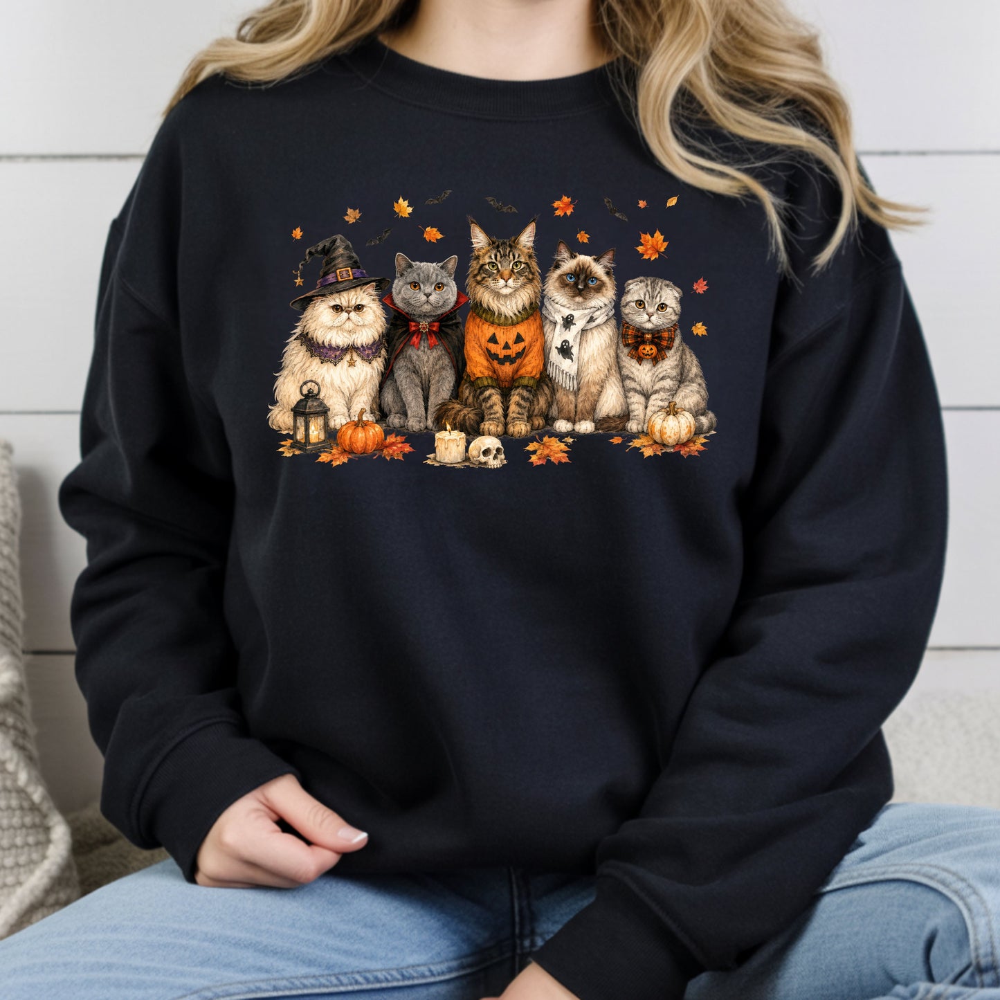 Halloween Cats Comfort Colors T Shirts Cute Witchy Kitty Sweater Tee Spooky Pumpkin Vampire Cat Shirt Autumn Fall Leaves Graphic Gifts