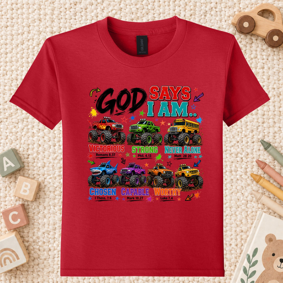 God Says I Am Monster Trucks Christian T-Shirt, Bible Verse Kids Religious Graphic Tee