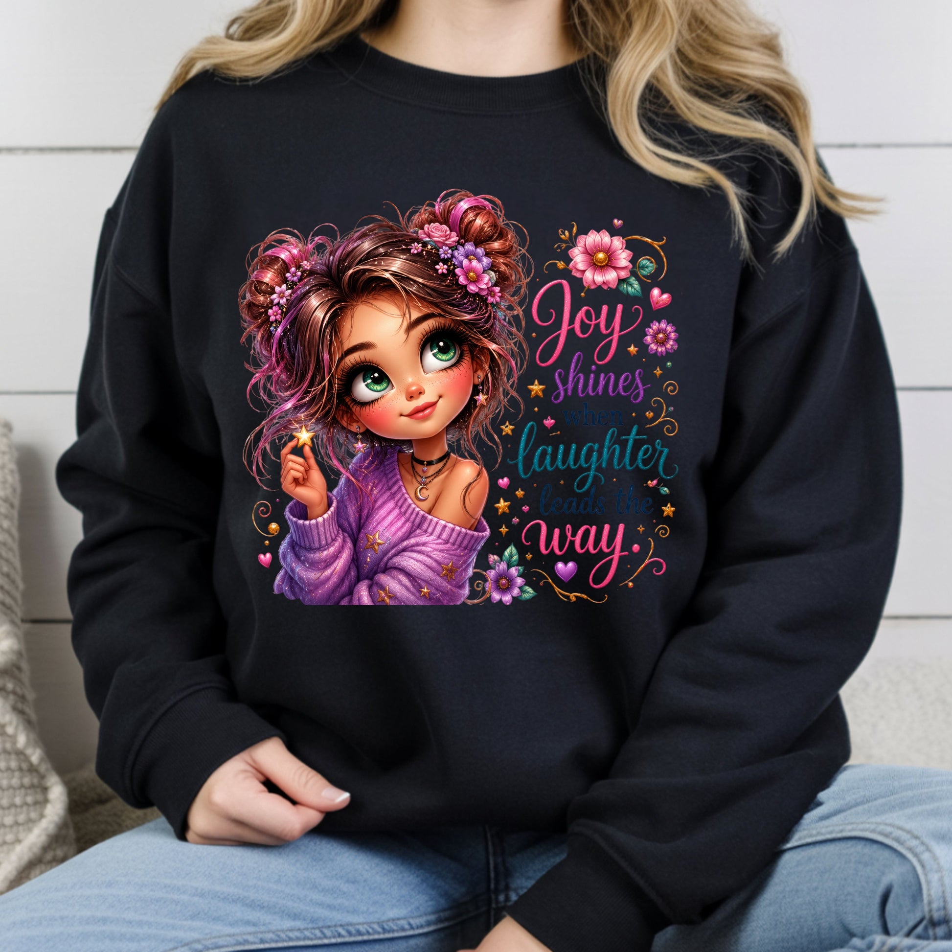 Joy Shines Laughter Space Buns Girl T-Shirt, Cute Floral Quote Tee