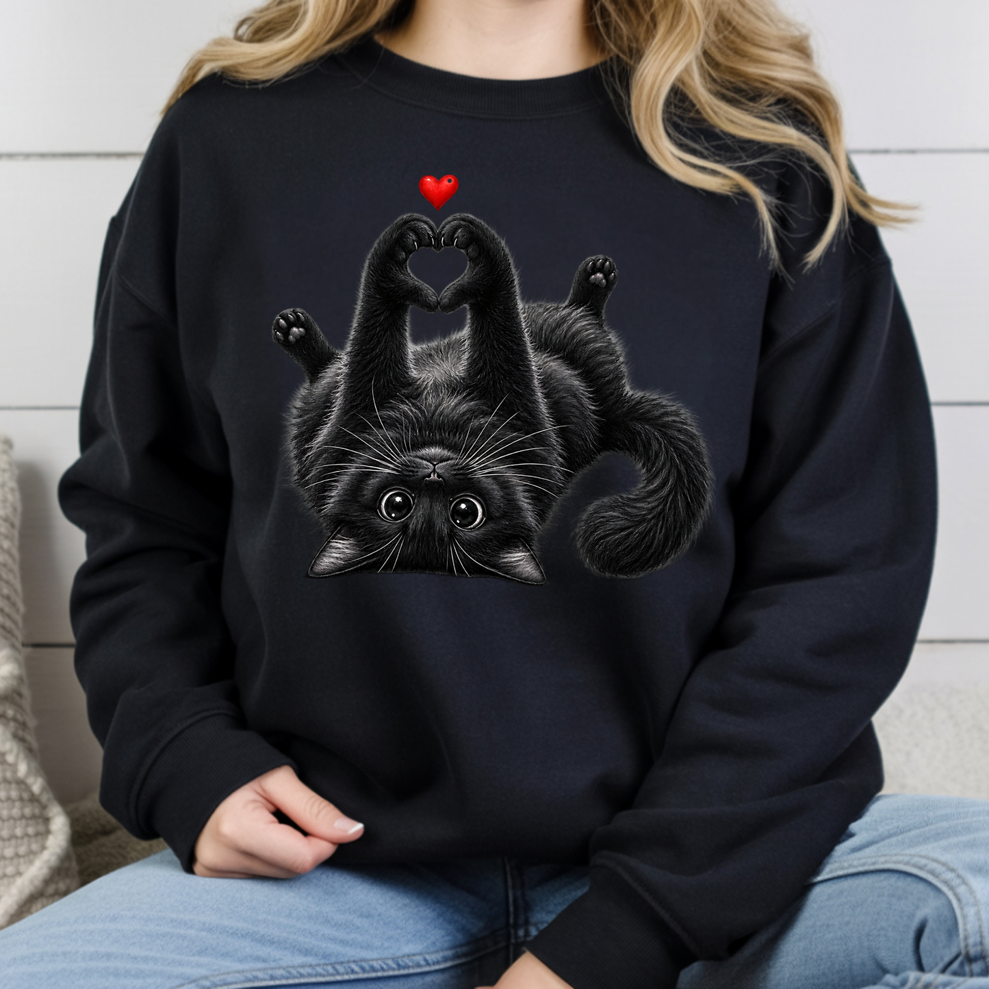 Black Cat Heart Hands T-Shirt, Cute Kitty Kitten Lover Heart Paws Love Tee