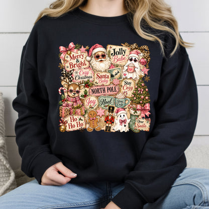 Cozy Pink Christmas Collage T-Shirt, Santa Reindeer Gingerbread Nutcracker North Pole Holiday Tee