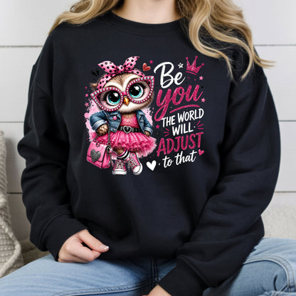 Inspirational Owl Be You T-Shirt, Pink Glasses Crown World Will Adjust Quote Tee