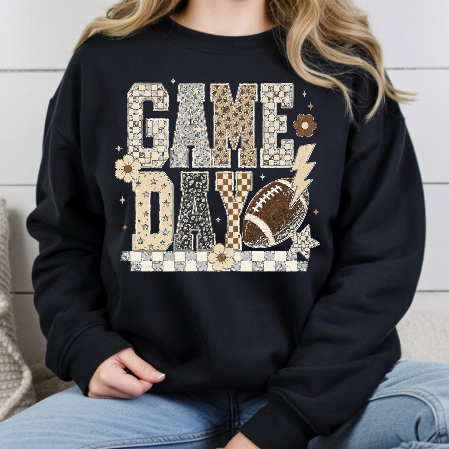 Game Day Leopard Football T-Shirt, Checkered Lightning Bolt Retro Western Tee Sweatshirt