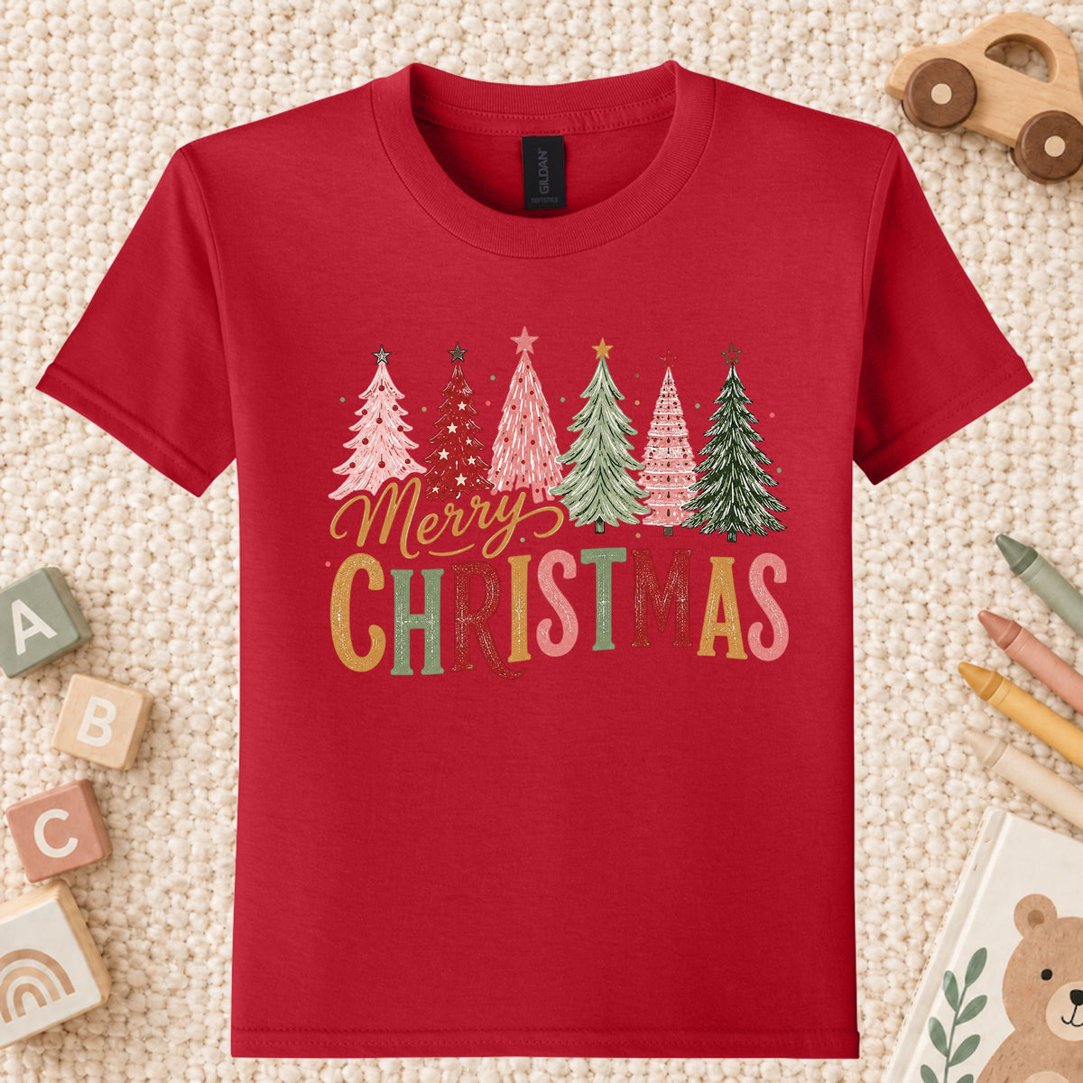 Colorful Christmas Tree T-Shirt, Gold Script Holiday Tee, Festive Christmas Sweatshirt