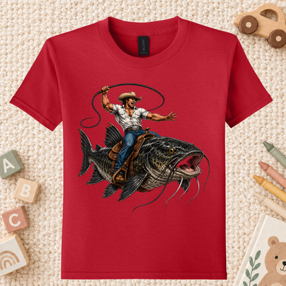 Cowboy Riding Catfish T-Shirt, Funny Fishing Rodeo Southern Graphic Tee for Toddler and Kids