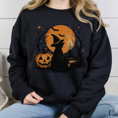 Halloween Black Cat Witch T-Shirt, Full Moon Pumpkin Spooky Vintage Books Magic Tee