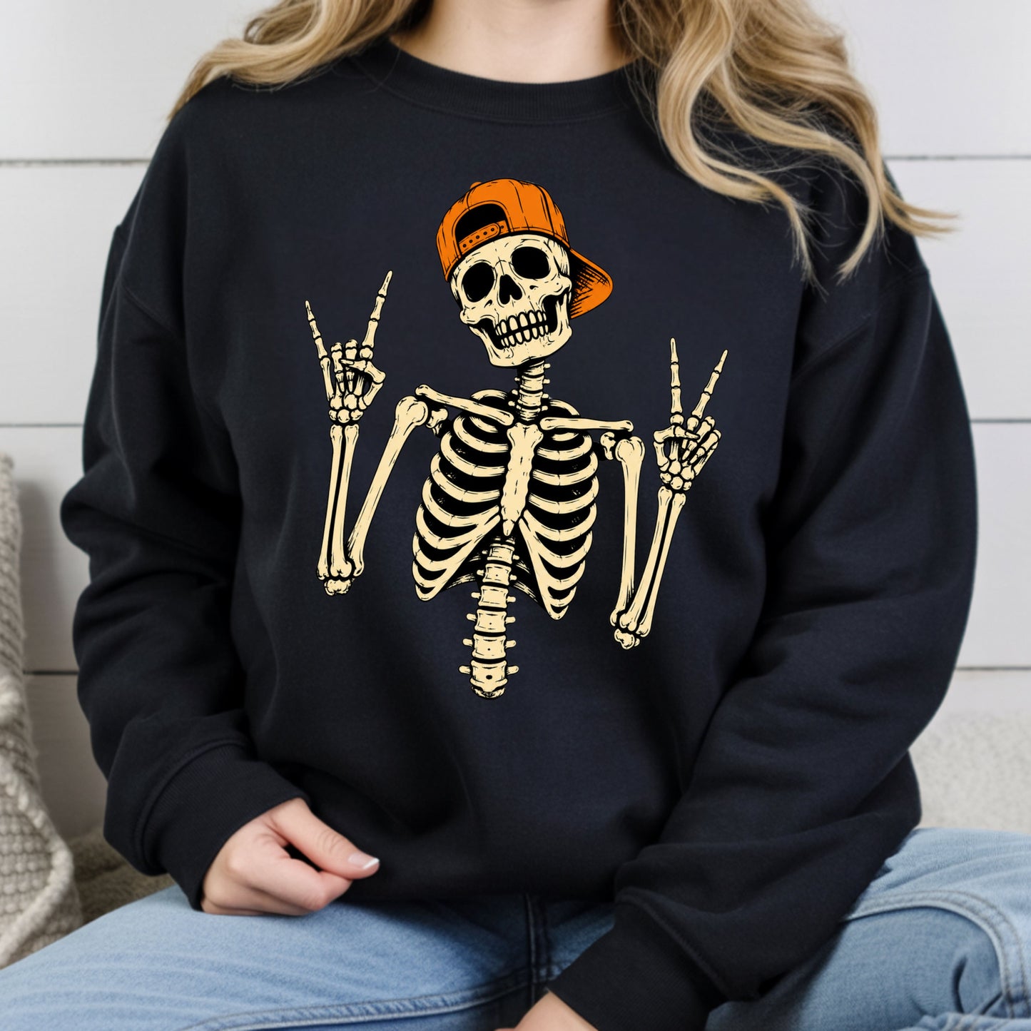 Cool Skeleton Rock On T-Shirt, Peace Sign Halloween Orange Hat Spooky Tee