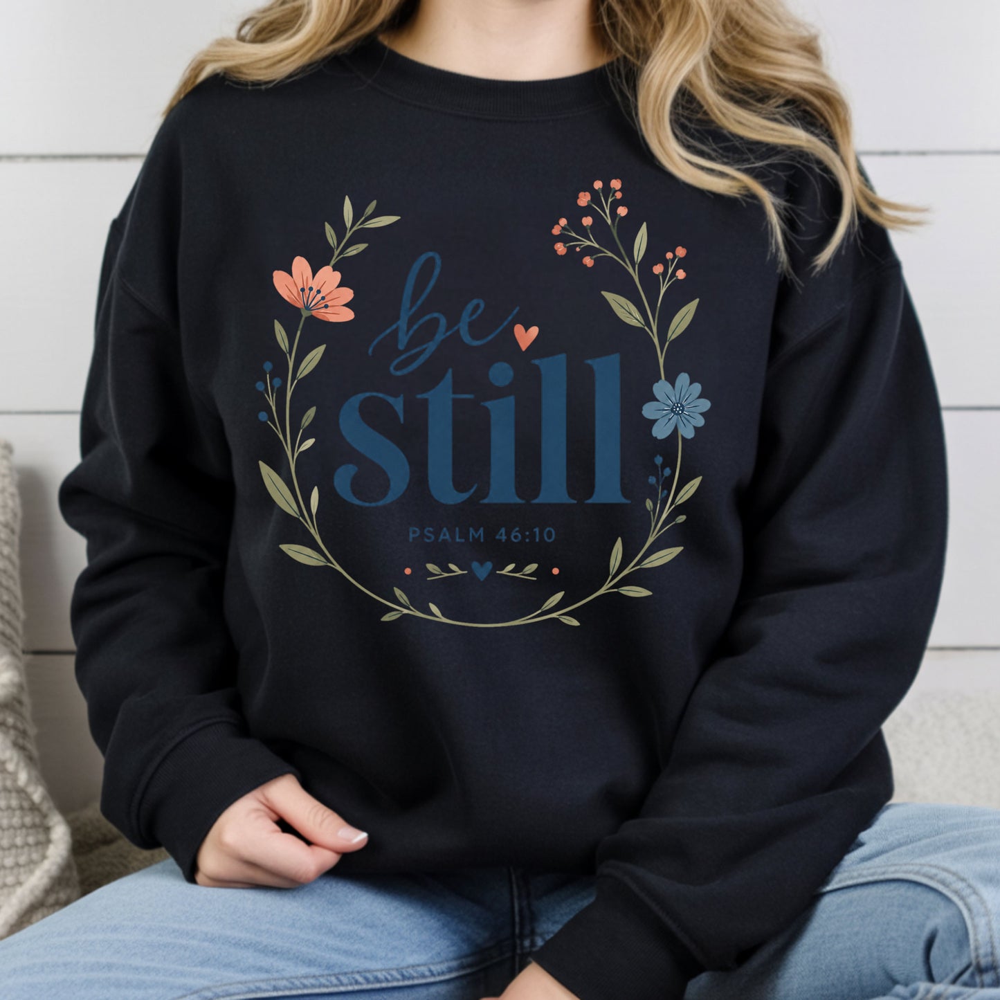 Be Still Psalm 46:10 Christian T-Shirt, Floral Wreath Bible Verse Faith Inspirational Tee