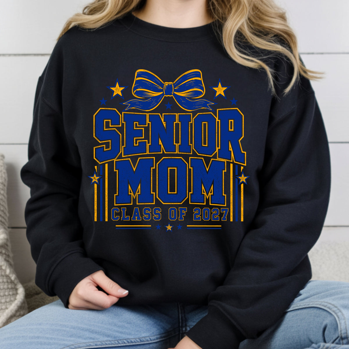 Senior Mom 2027 Royal Blue Yellow Cheer Bow T-Shirt, Varsity Graduation Mother Tee