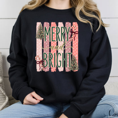 Merry and Bright Comfort Colors T Shirts Cute Christmas Tree Tees Pink Candy Cane Shirt Festive Holiday Winter Graphic Hoodie
