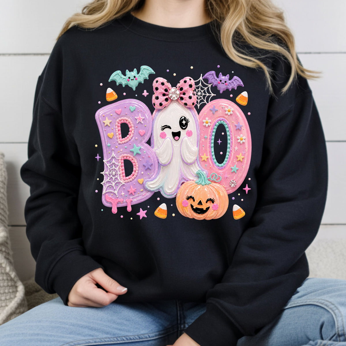 Pastel Cute Ghost Halloween Boo T-Shirt, Pink Purple Bow Pumpkin Candy Corn Girls Tee