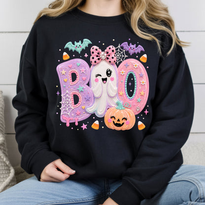 Pastel Cute Ghost Halloween Boo T-Shirt, Pink Purple Bow Pumpkin Candy Corn Girls Tee
