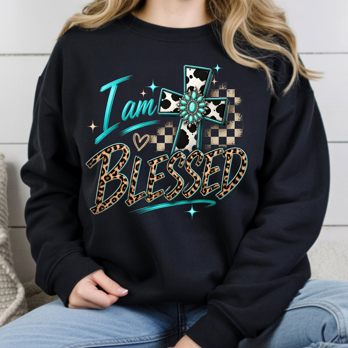 I Am Blessed Western Cross Cow Print T-Shirt, Turquoise Leopard Faith Tee