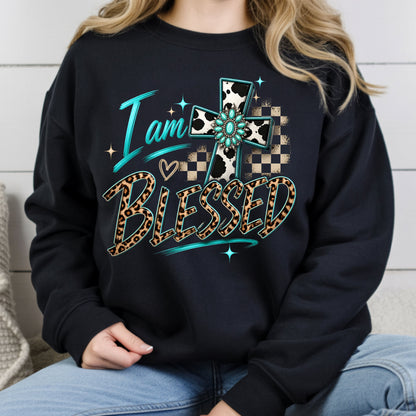 I Am Blessed Western Cross Cow Print T-Shirt, Turquoise Leopard Faith Tee
