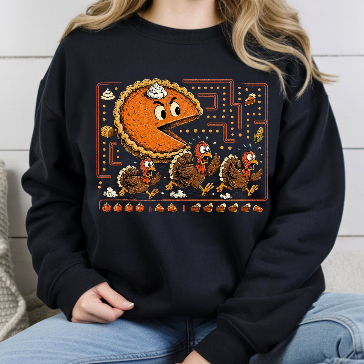 Funny Thanksgiving Pacman Pumpkin Pie T-Shirt, Chasing Turkeys Maze Video Game Tee