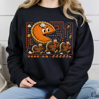 Funny Thanksgiving Pacman Pumpkin Pie T-Shirt, Chasing Turkeys Maze Video Game Tee
