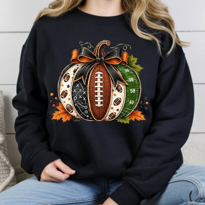 Football Pumpkin Bow Fall T-Shirt, Game Day Football Field Patchwork Autumn Tee