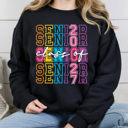 Senior Class of 2027 Colorful Retro T-Shirt, Stacked Varsity Letters Pastel Graduation Tee