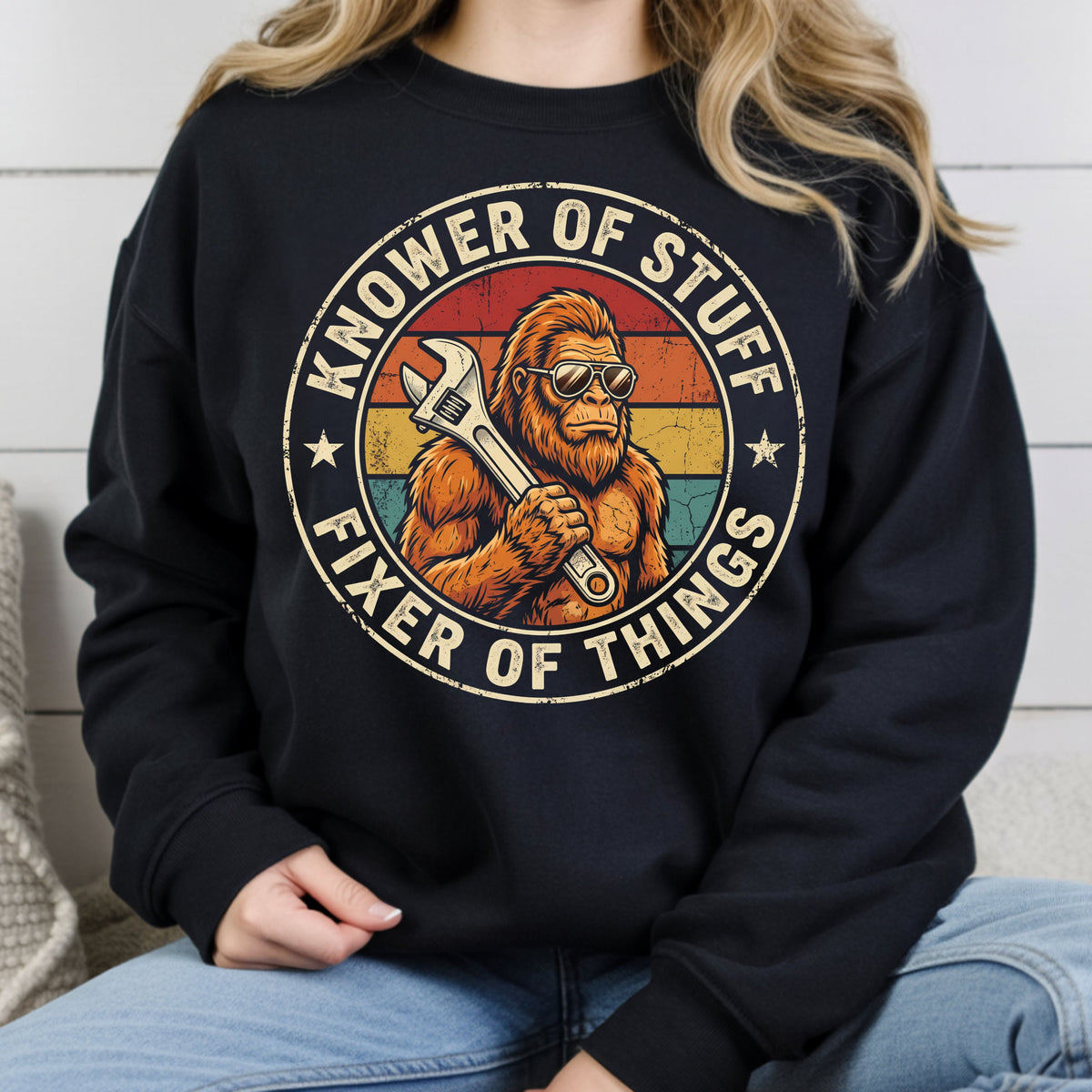 Funny Bigfoot Knower of Stuff Fixer of Things T-Shirt, Retro Sasquatch Wrench Sunglasses Dad Handyman Tee
