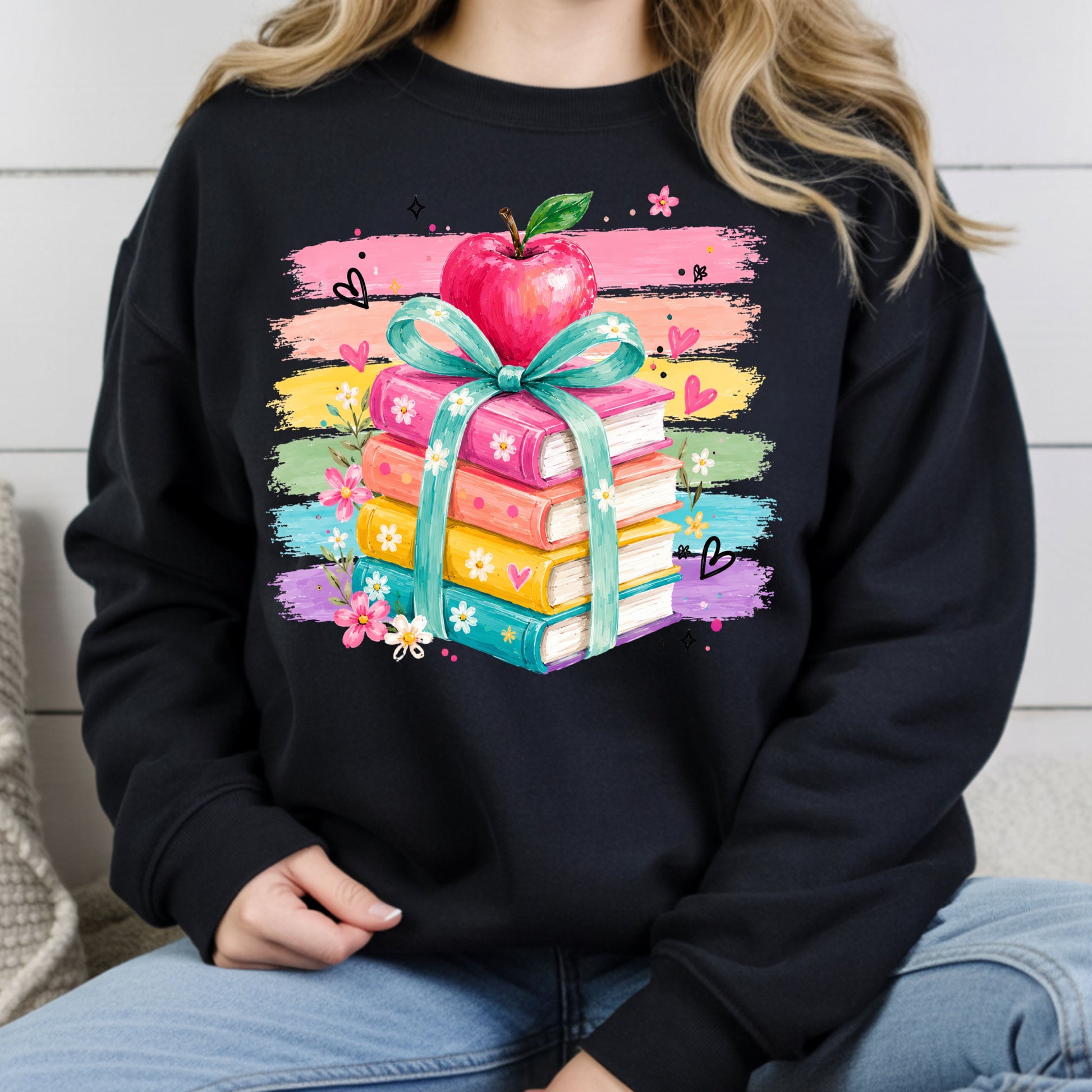 Coquette Stacked Books Teacher T-Shirt, Apple Ribbon Colorful Brushstrokes Comfort Color Tee