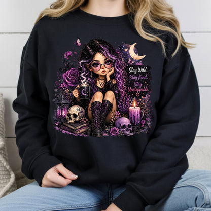 Stay Wild Stay Kind Goth Girl Skull T-Shirt, Purple Crescent Moon Witchy Tee