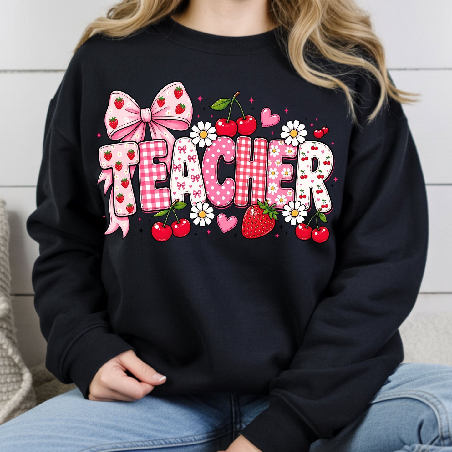 Teacher Coquette Pink T-Shirt, Strawberries Cherries Bow School Educator Tee