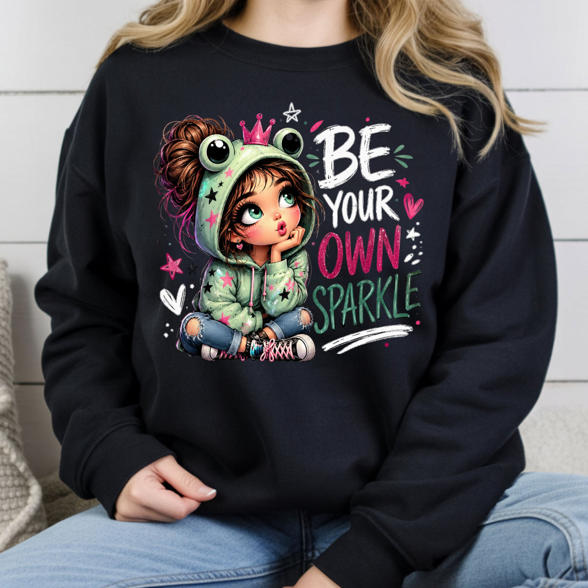 Be Your Own Sparkle Frog Girl T-Shirt, Cute Crown Stars Kids Tee Sweatshirt