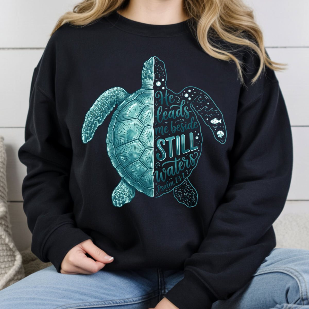 Christian Sea Turtle Psalm 23 T-Shirt, He Leads Me Beside Still Waters Faith Tee