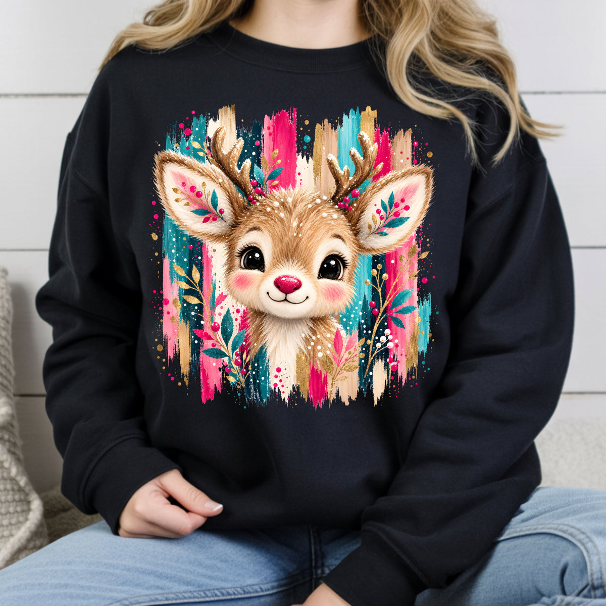 Cute Christmas Reindeer Floral Antlers T-Shirt, Pink Teal Gold Holiday Tee