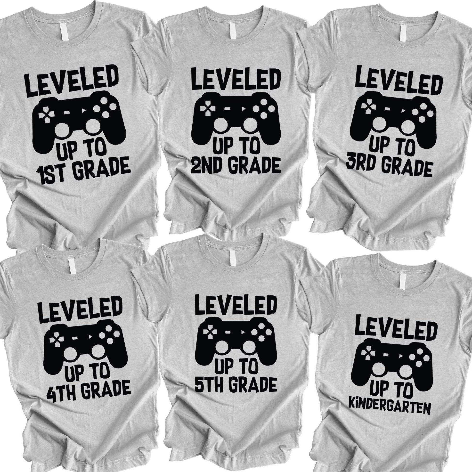 School Grade Shirt Leveled up to Kinderarten Pre-K First Grade Second Grade Third Grade Fourth Grade Fifth Grade Gamer Kids School Tees