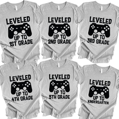 School Grade Shirt Leveled up to Kinderarten Pre-K First Grade Second Grade Third Grade Fourth Grade Fifth Grade Gamer Kids School Tees