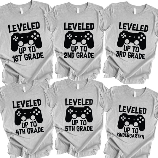 School Grade Shirt Leveled up to Kinderarten Pre-K First Grade Second Grade Third Grade Fourth Grade Fifth Grade Gamer Kids School Tees