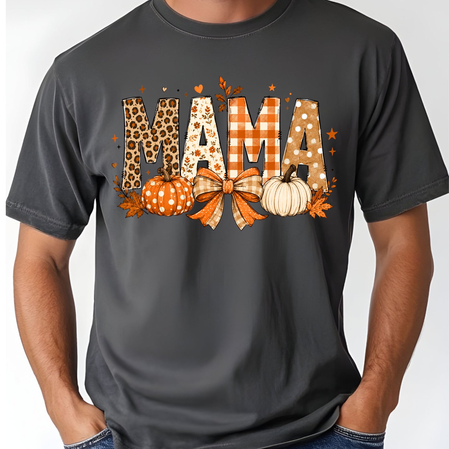 Fall Mama Pumpkin Leopard Plaid T-Shirt, Varsity Letters Autumn Leaves Bow Thanksgiving Mom Tee