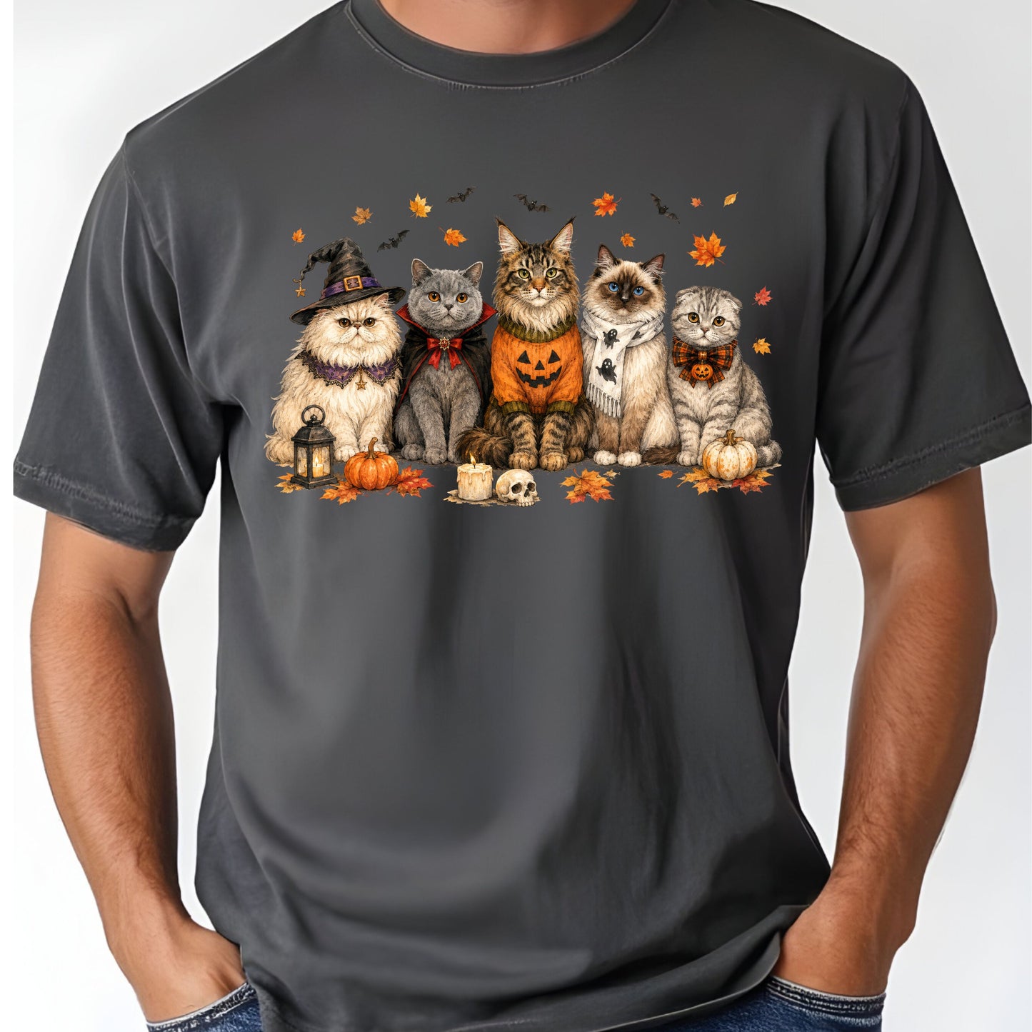 Halloween Cats Comfort Colors T Shirts Cute Witchy Kitty Sweater Tee Spooky Pumpkin Vampire Cat Shirt Autumn Fall Leaves Graphic Gifts