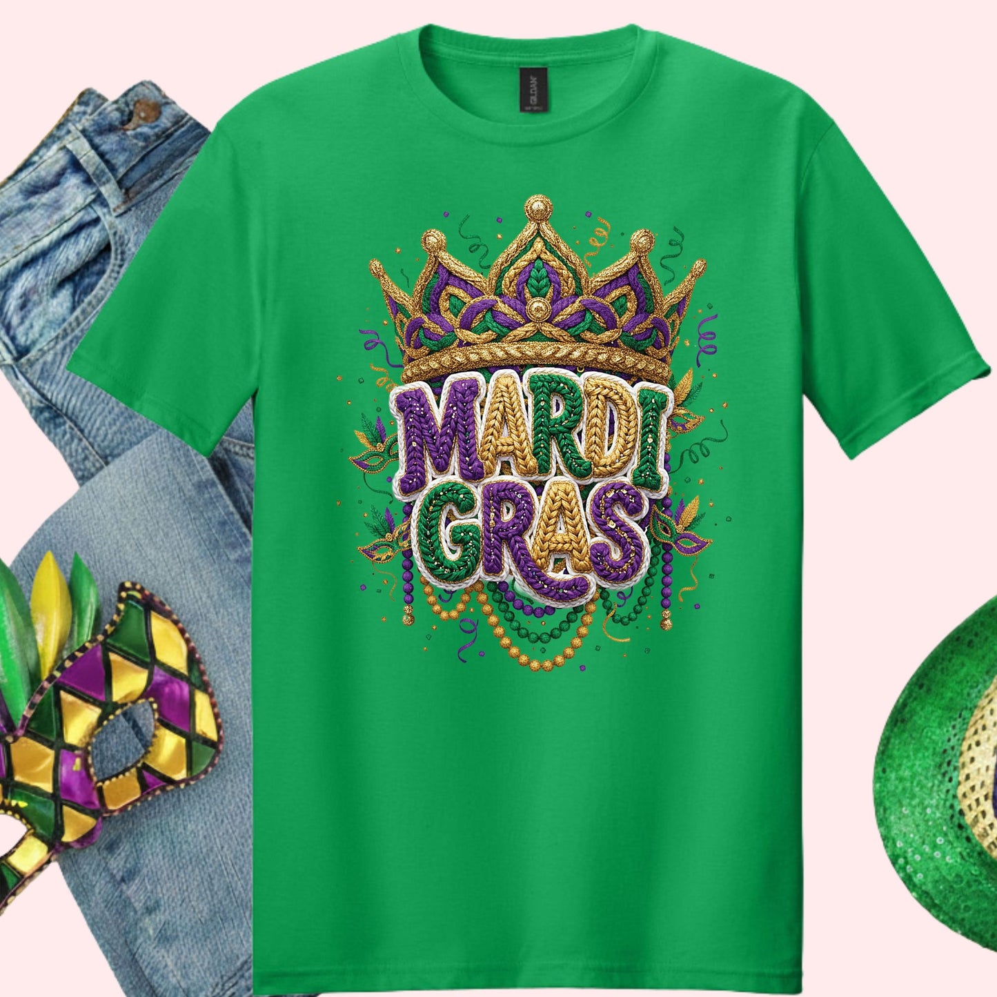 Mardi Gras Faux Crochet Printed Sweatshirt 2026 Carnival Yarn Effect Shirt Purple Green Gold Graphic Tee Mardi Gras Gifts for Women Men Kids