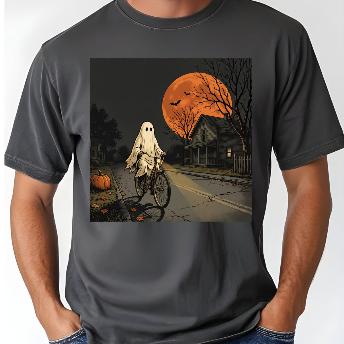 Ghost Riding Bike Halloween T-Shirt, Haunted House Orange Harvest Moon Tee Sweatshirt