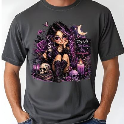 Stay Wild Stay Kind Goth Girl Skull T-Shirt, Purple Crescent Moon Witchy Tee