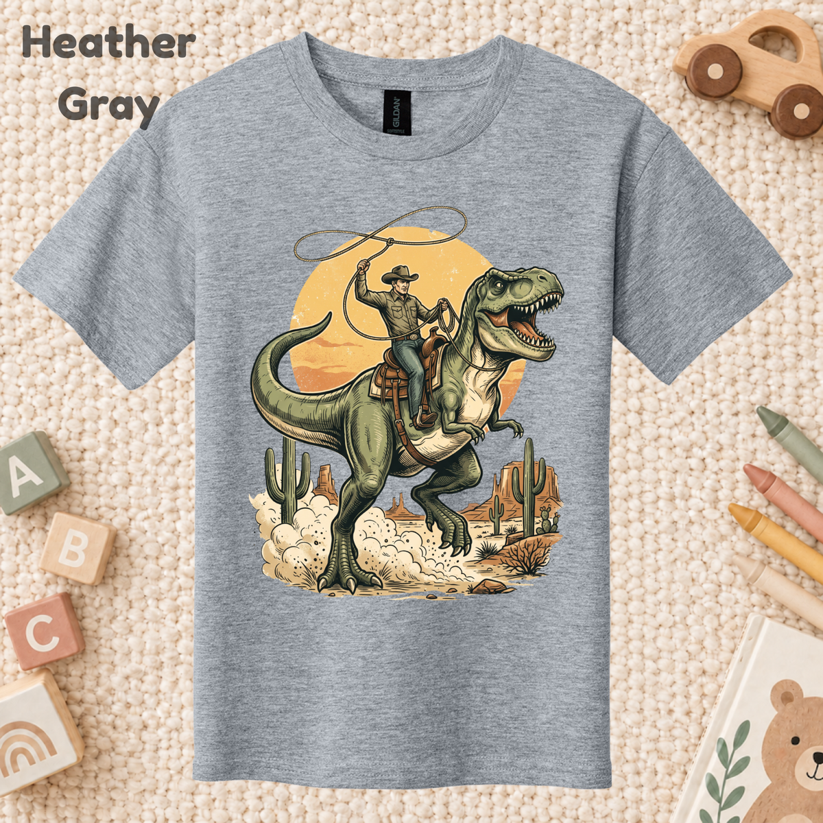 Cowboy Riding T-Rex Western T-Shirt, Rodeo Dinosaur Desert Cactus Tee for Toddler and Kids